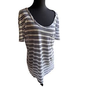 100% Linen Striped Tee Small Navy White Beach Cover Up Coastal Oversized Top